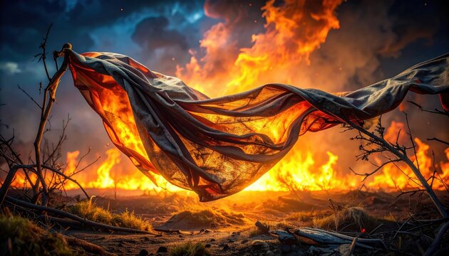 Fabric Remnant Fused and Discolored by Intense Fire and Heat in a Dramatic Scene