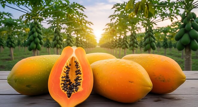 Pepaya oranye cerah terbelah menampilkan biji hitam di atas meja perkebunan tropis melambangkan eksotisme dan kesehatan pencernaan