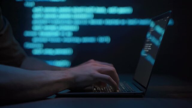 Close up of programmer hands typing on laptop keyboard in dark workspace with blue code lines in background. Coding process and software development or cybersecurity concept.