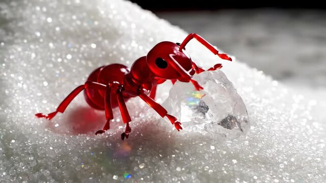Close Up Red Licorice Ant Carrying Rock Sugar Crystal on Sugar Mountain