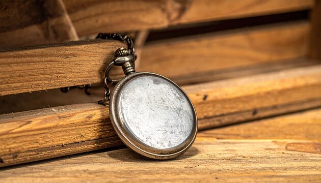 A tarnished silver locket with a scratched and worn surface, lying open revealing its inner compartment, resting on a wooden surface with a chain attached.