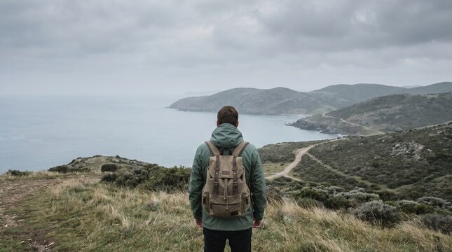 Caucasian man lone traveler with a calm mood looking at the horizon representing wanderlust against a coastal mountain background