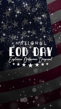 National eod day text animation with waving flag and fireworks. Suitable for patriotic and military themed designs, events, and promotions.