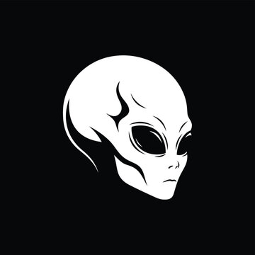 Alien head, extraterrestrial face, black background, white illustration, vector graphic