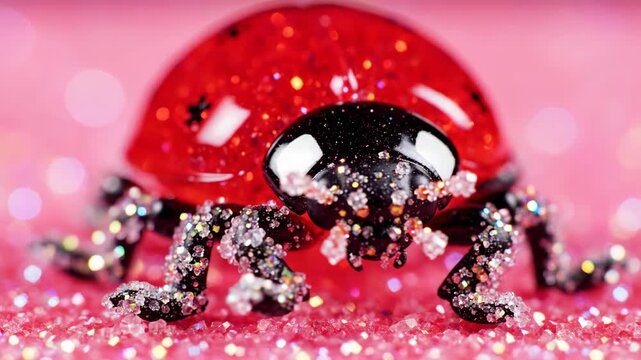 Close Up Hard Candy Coating Ladybug with Sugar Crystals on Pink Background