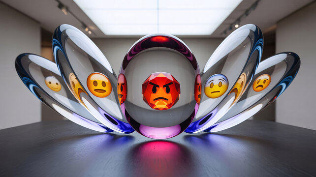 Glass sculpture featuring an angry red emoji center reflects multiple emotional faces in a modern gallery setting, symbolizing complex human temperaments and digital communication challenges today.