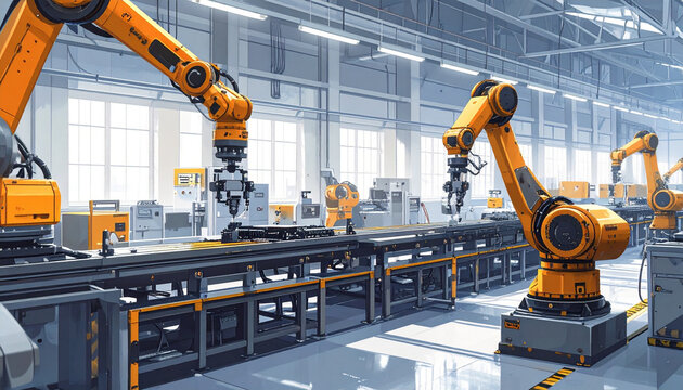 Automated Robotic Arms Working on an Industrial Manufacturing Assembly Line.
