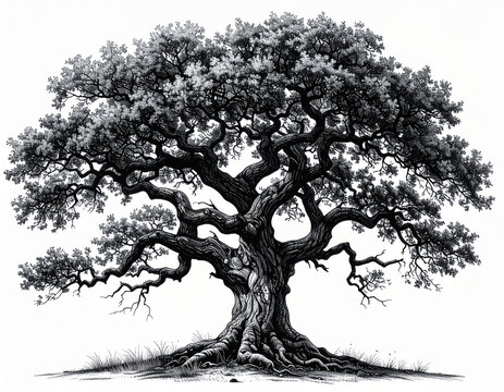 Black and white detailed illustration of a majestic ancient oak tree.