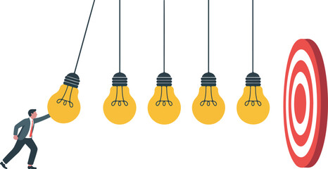 Fototapeta premium Businessman pushing light bulb like a pendulum to hit target representing creative strategy and goal achievement vector illustration