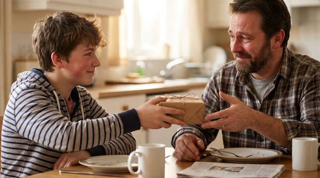 Emotional mature dad and teen child with a touching feeling exchanging a wrapped present showing gratitude against a domestic kitchen background