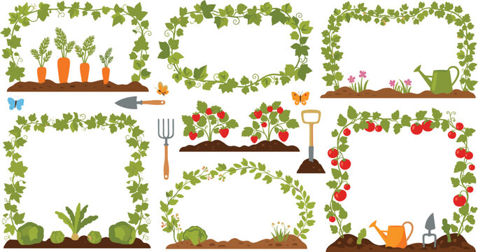 Garden Vegetable Frame Border Set with Carrot, Tomato, Cabbage, Strawberry, Vine, and Gardening Tools for Farm and Nature Designs