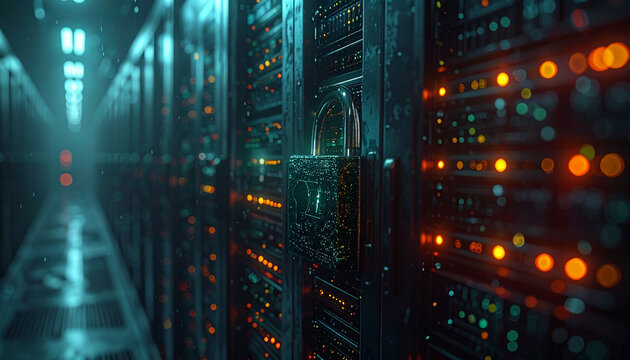 Cybersecurity Fortress: A secure server room with data center equipment, illuminated by a network of digital lights, symbolizes robust data protection and the digital realm.
