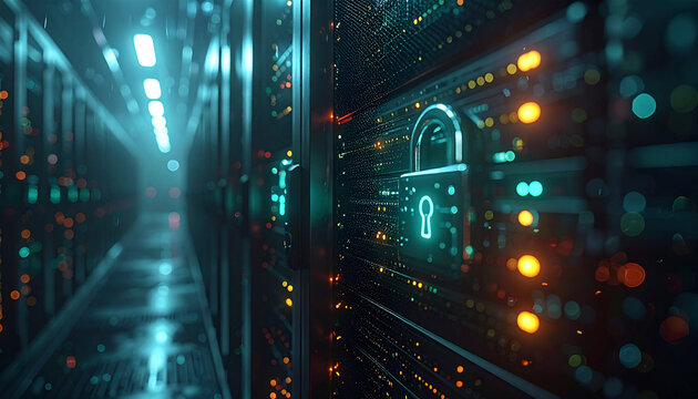 Secure Server: Illuminated servers, showcasing cutting-edge technology and secure data protection. A digital padlock shines, representing robust security. 
