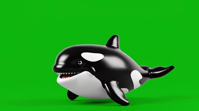 Cute 3D Cartoon Orca Killer Whale Character on Green Screen
