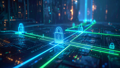 Fototapeta premium Digital Security Pathways: An illuminated display of interconnected pathways and digital locks, symbolizing data protection and cyber security in a technological landscape.