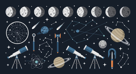 Astronomy and Space Element Set with Moon Phases, Planets, Constellations, Telescope, Stars, and Galaxy for Science and Cosmic Designs © Shahanaj