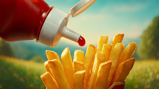 Ketchup bottle pours sauce on pile of golden fries. Bright green field and blue sky create cheerful outdoor setting. Concept of fast food, snack time, outdoor dining