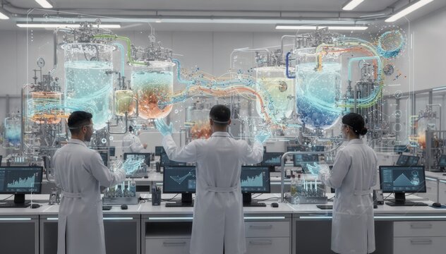 Medium shot capturing a digital twin training simulation mode with interactive 3D visualizations aiding operators in mastering bioprocess control and troubleshooting skills.