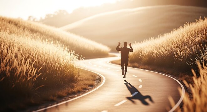 Man running on winding road at sunrise, golden hour light.