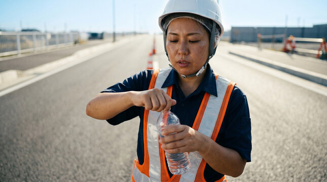 熱中症対策にペットボトルのキャップを開けて水分補給の準備をする日本人の30代女性。建設現場の路上で反射ベストを着用した作業員の様子、俯瞰気味の構図