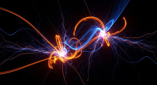 Quantum Collision Abstract Background with Glowing Blue and Orange Energy Particles and Light Trails on Black