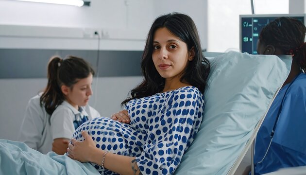 Pregnant woman on hospital bed with two healthcare workers
