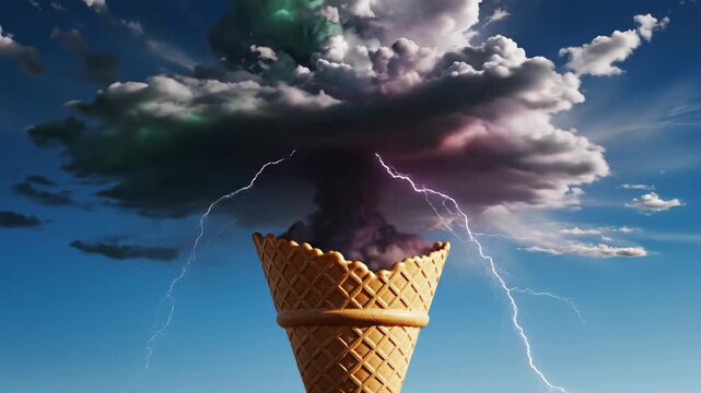 8K Waffle Cone Floating in a Deep Blue Sky Holding a Lightning Storm Cloud