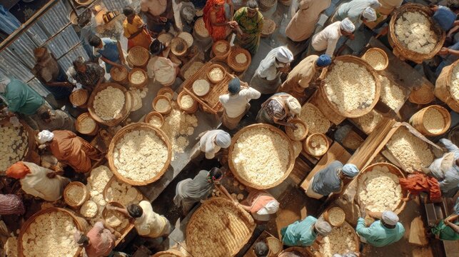 Top-down shot of a community kitchen making thousands of rotis, scale and teamwork shown.