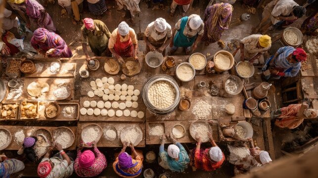 Top-down shot of a community kitchen making thousands of rotis, scale and teamwork shown.