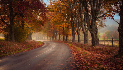 Obraz premium A winding road through a vibrant autumn forest with colorful leaves and a misty atmosphere.