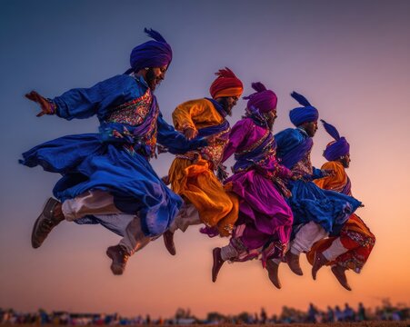 Traditional Bhangra dancers in full regalia mid-jump against a vivid saffron sky at golden hour, phulkari embroidery details sharp, turbans in deep royal blue and fuchsia, wide-angle lens,