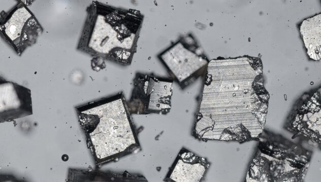 Detailed footage of mixed silver halide microcrystals combining cubic and tabular shapes revealing diverse crystal structures in a controlled microscopy environment.