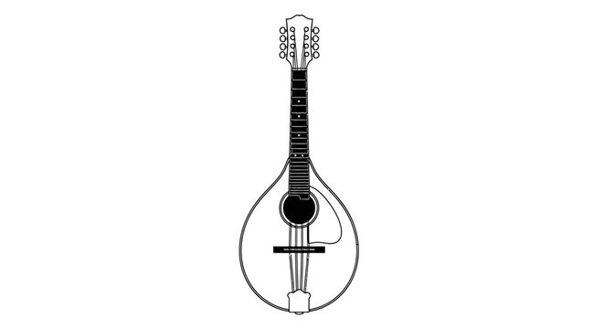 Black and white illustration of a mandolin against a white background