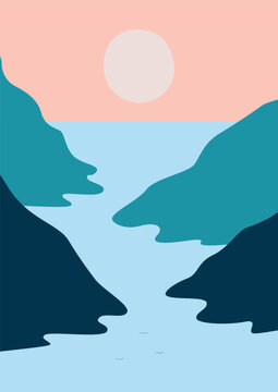 Landscape of a river in mountains scenery. Panoramic view of mountain range with a river flowing through it. Vector illustration of scenic landscape with river winding between majestic mountain range