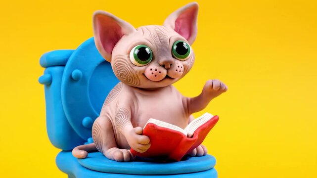 Claymation Sphynx Cat Reading a Book on a Blue Toilet Against Yellow Background