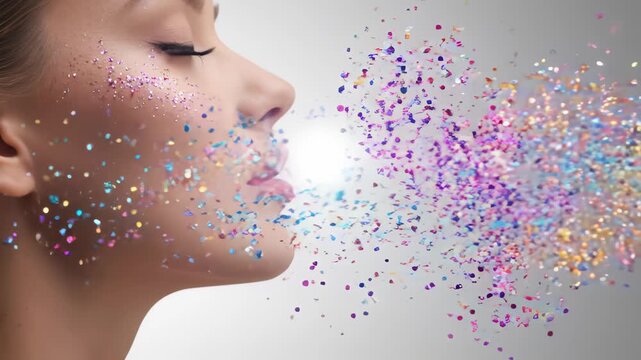 Woman showcases colorful glitter makeup on her face. The model poses in artistic environment with light effects and glitter particles. Concept of beauty, makeup artistry, fashion
