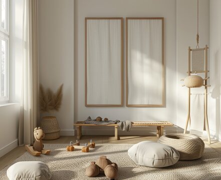 Minimalist and Cozy Kids Room Interior with Two Empty Vertical Wooden Frames for Mockup, Natural Light, Scandinavian Style Furniture, and Bohemian Decor