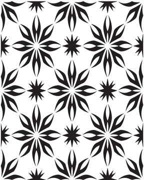 A repeating seamless pattern featuring black floral shapes on a simple white background design