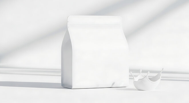 Blank white stand-up pouch with a splash element, a clean product mockup for branding and packaging design, bright studio lighting
