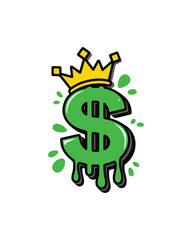 Obraz premium A vibrant illustration of a green dollar sign symbol wearing a golden crown with melting effects