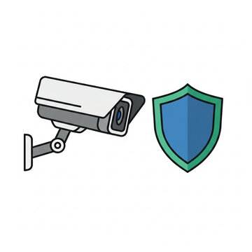 Illustrative icon set depicting robust security measures, featuring a modern closed-circuit television camera and a protective shield, symbolizing safety and vigilance