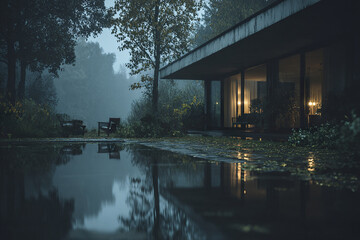 Fototapeta premium Modern house with large glass windows reflecting on calm water at dusk in misty forest setting with warm interior lights glowing softly
