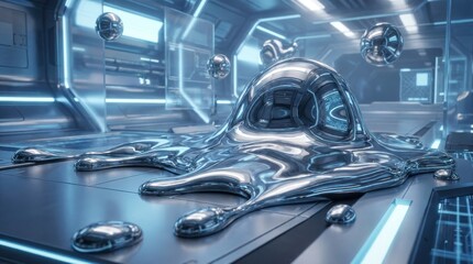 Fototapeta premium Liquid Chrome: Mirror-like liquid blob expanding and merging in sci-fi environment 