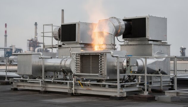 Medium shot of rooftop waste heat recovery unit with heat exchangers capturing furnace exhaust main components in sharp focus blurred industrial background.