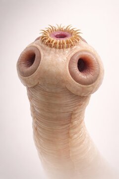 Taenia solium scolex with rostellum and hook crown, detailed tapeworm head anatomy with suckers, parasitic structure in close view, generative ai illustration