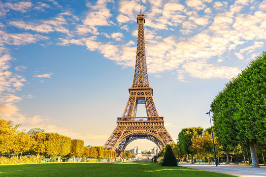 Stunning view of the Eiffel Tower under a cloudy sky from the Champ de Mars