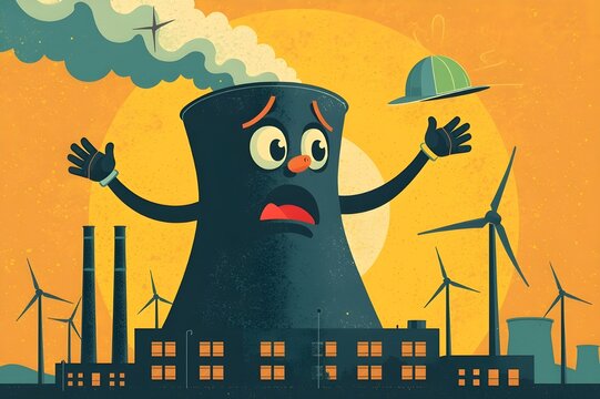 Nuclear cooling tower and wind turbines. Green Energy Transition 