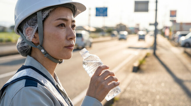 熱中症に警戒し水分補給のペットボトルを持つ日本人の女性作業員。30代、交通整理や道路工事現場で働く様子、ヘルメット着用、背景に夕方の車道とコピースペース