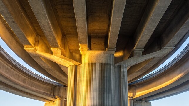 nationalizing. Massive bridge pillar supporting elevated roadway with architectural detail in daylight. real-estate listings.