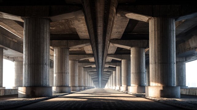 nationalizing. Massive bridge pillar supporting elevated roadway with architectural detail in daylight. real-estate listings.
